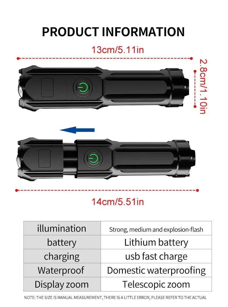 4 Lighting Mode Strong LED Flashlights Telescopic Zoom Tactical Torch USB 18650 Portable Spotlight Long-Range Camping Flashlight