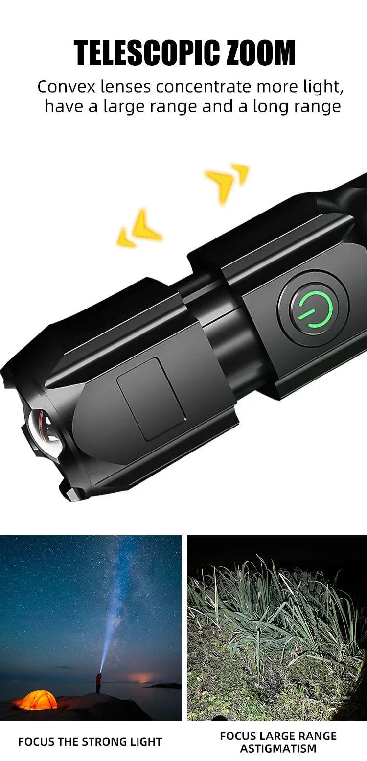 4 Lighting Mode Strong LED Flashlights Telescopic Zoom Tactical Torch USB 18650 Portable Spotlight Long-Range Camping Flashlight