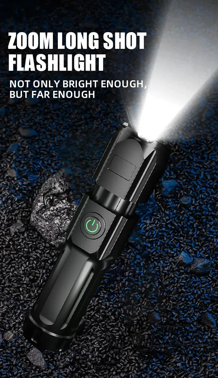 4 Lighting Mode Strong LED Flashlights Telescopic Zoom Tactical Torch USB 18650 Portable Spotlight Long-Range Camping Flashlight